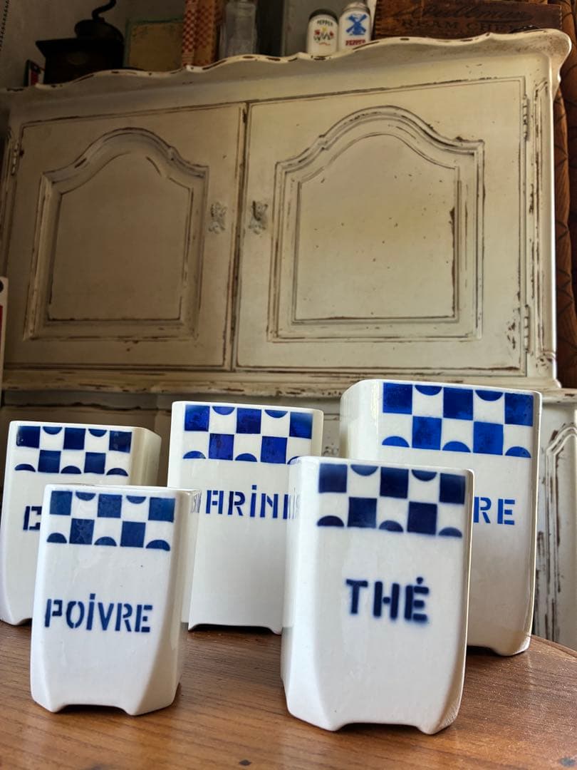 FJアンティーク 陶器　キャニスター　ブルー　市松　バドンヴィレー　レア