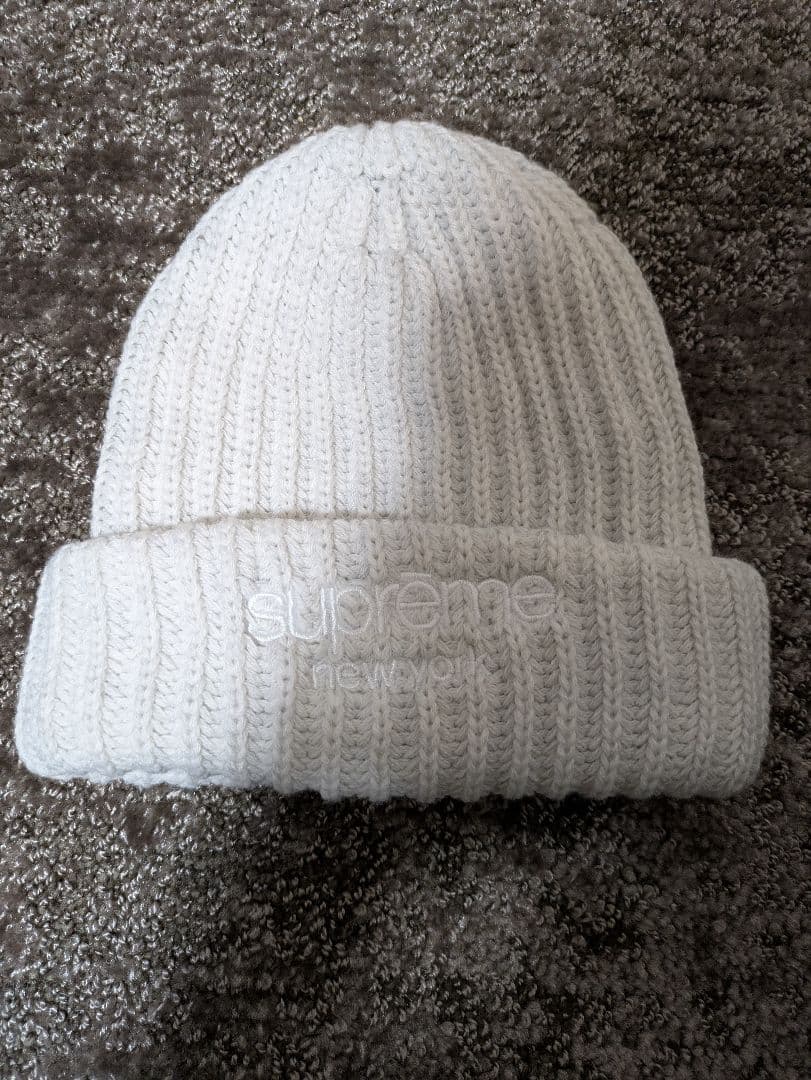 Supreme シュプリーム ビーニー ニット帽 グレー 白 刺繍ロゴ 美品