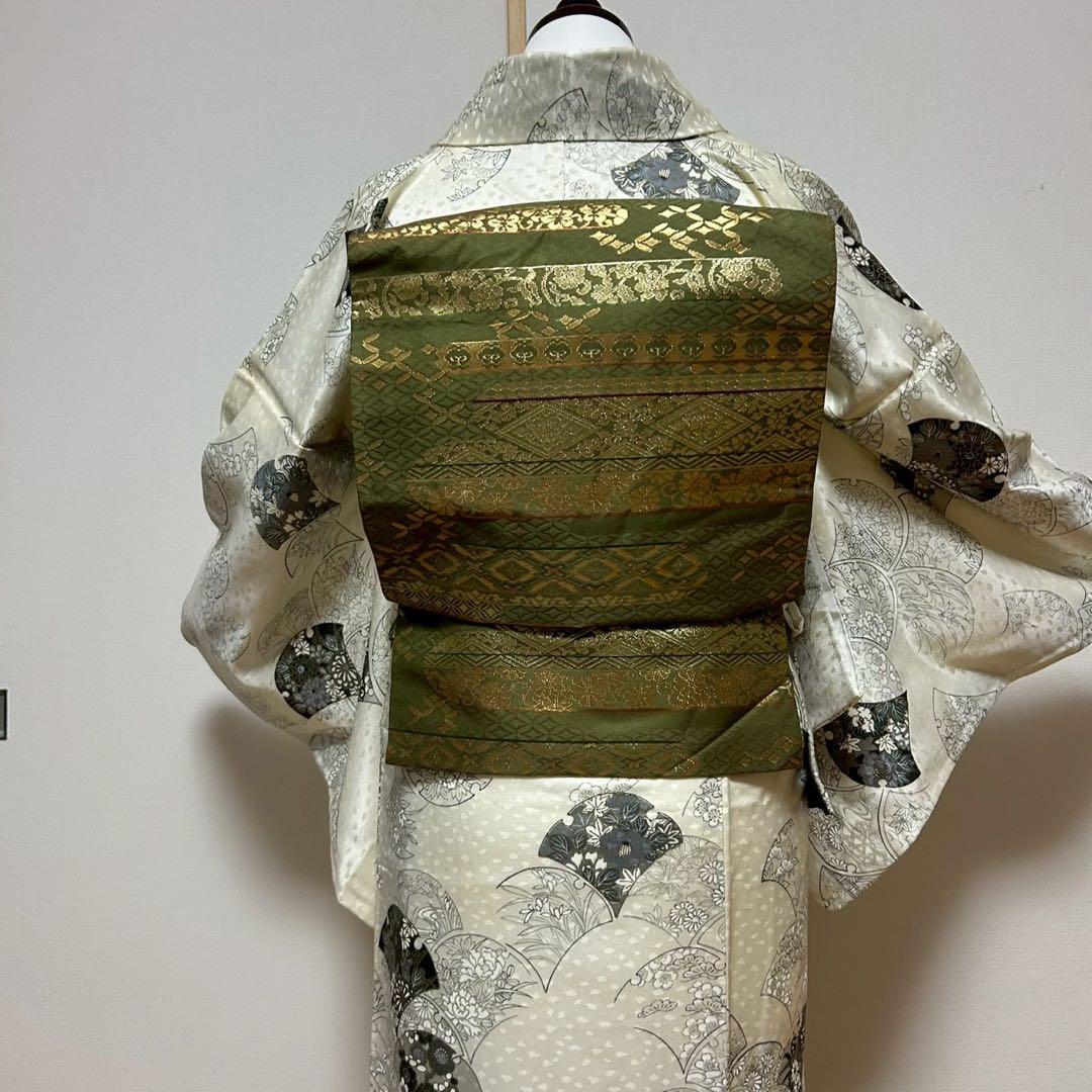 森谷33未使用近い　美品　袷　化繊 フルセット 扇花模様