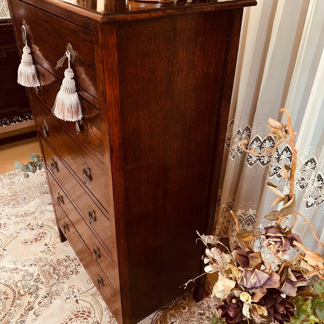 イギリスアンティーク　オーク材　ハイチェスト　6段キャビネット　英国家具