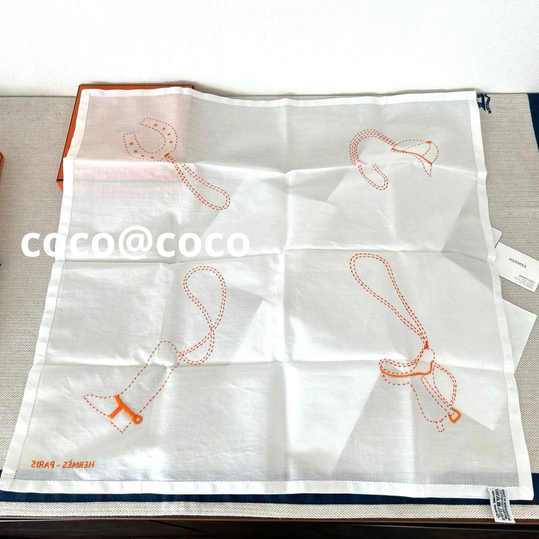 エルメス　刺繍ハンカチ　オレンジステッチ