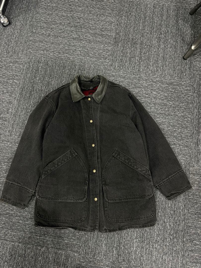 Woolrich ブラック カバーオール 襟レザー USA製 comoli