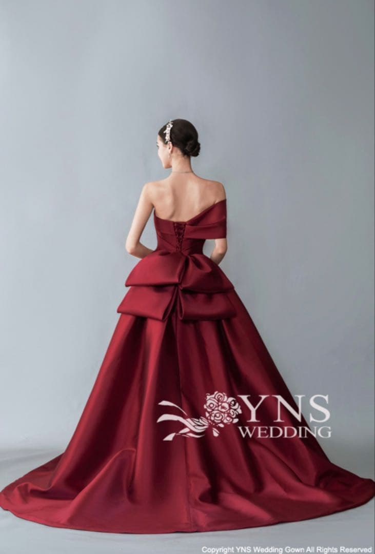 ynsカラードレス 赤 ボルドー サテン 結婚式 披露宴 二次会 SL24318