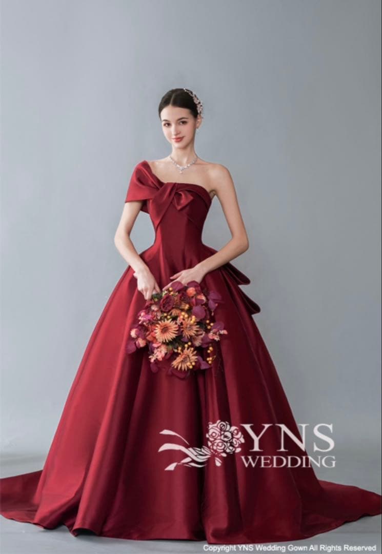 ynsカラードレス 赤 ボルドー サテン 結婚式 披露宴 二次会 SL24318