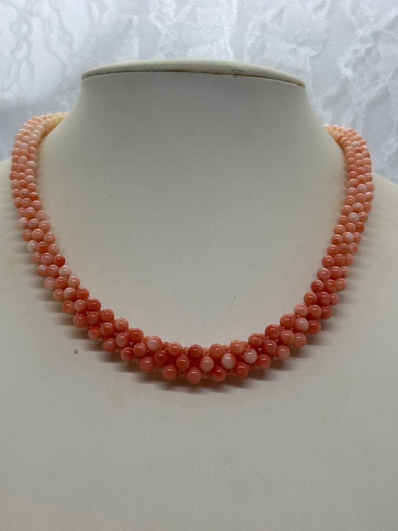 天然サンゴ　桃色白サンゴ 二重デザインネックレス 珊瑚　オシャレ上品