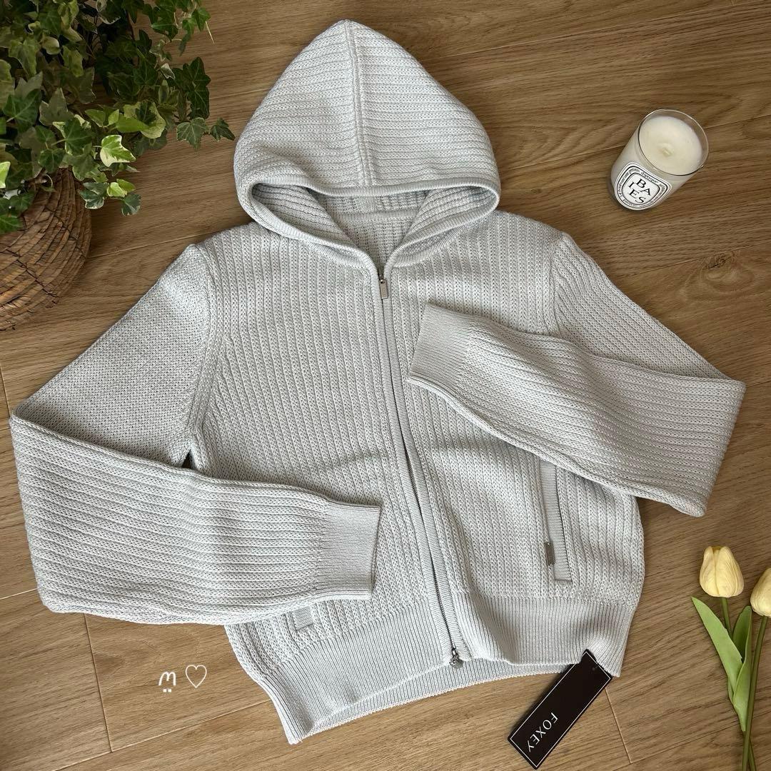 フォクシー　コットンシルクニットパーカー　フーディファン　38　アイスブルー