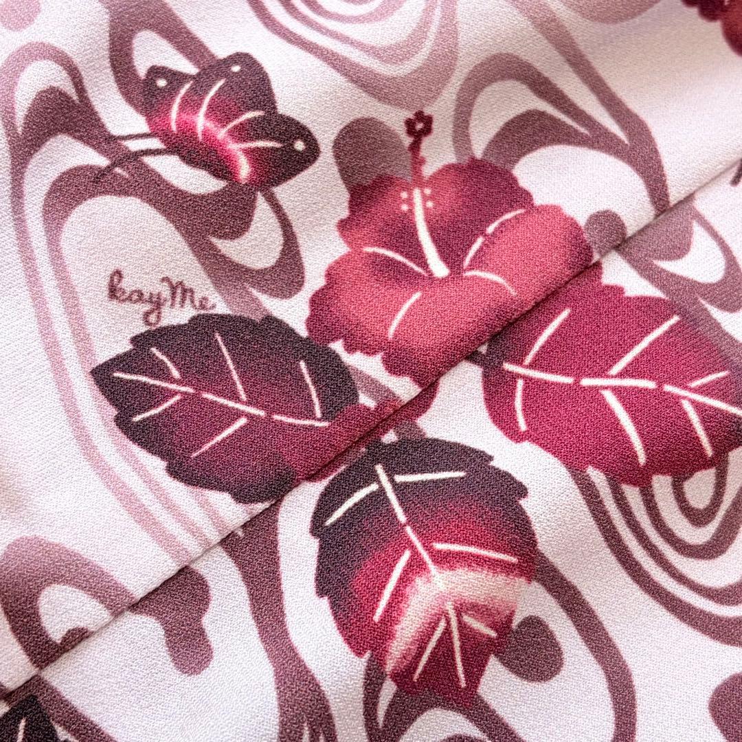 美品　9号　kayme ケイミー　紅ハイビスカス　ツイストワンピ　花柄　ピンク