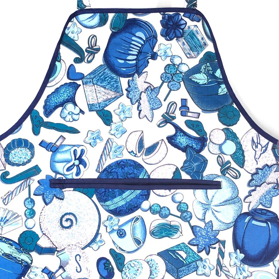 【美品・箱付き】エルメス／調理用エプロン 和洋折衷絵柄／ネイビー