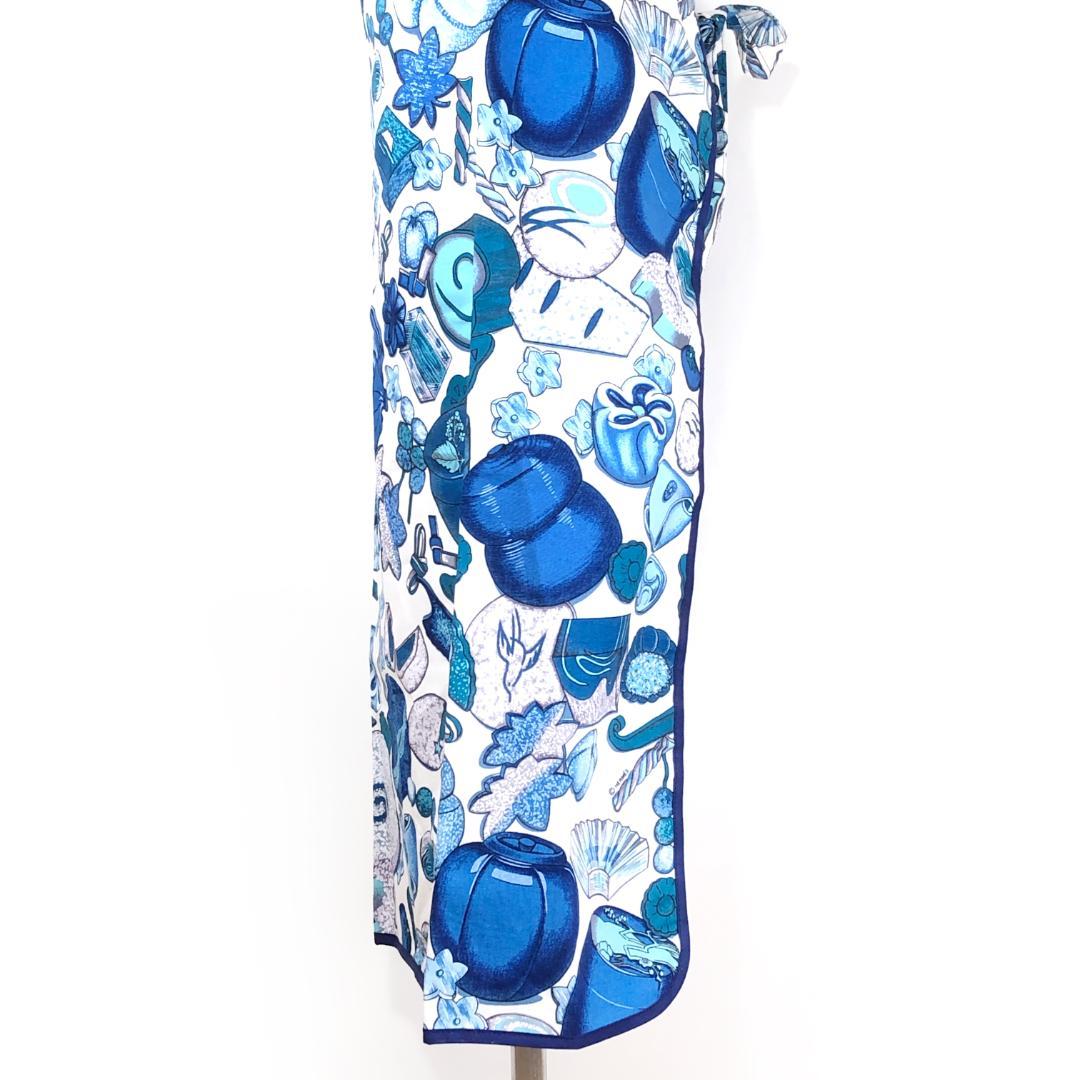 【美品・箱付き】エルメス／調理用エプロン 和洋折衷絵柄／ネイビー