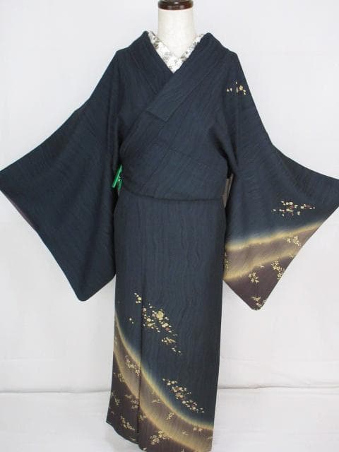 未着用に近い！美品＊お宝尽し＆花柄＊鉄紺色＊訪問着＊横幅大＊１６４ｃｍ＊裄６９