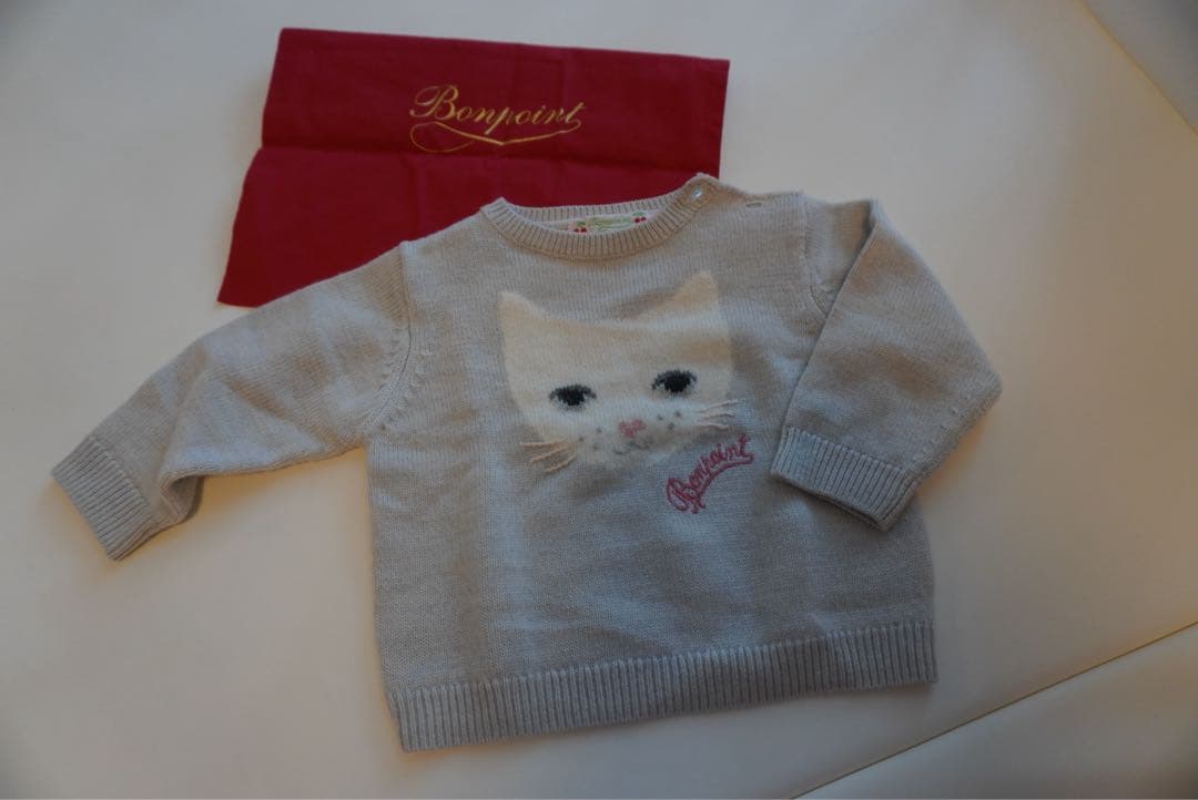 Bonpoint グレー 猫刺繍 セーターロンパース