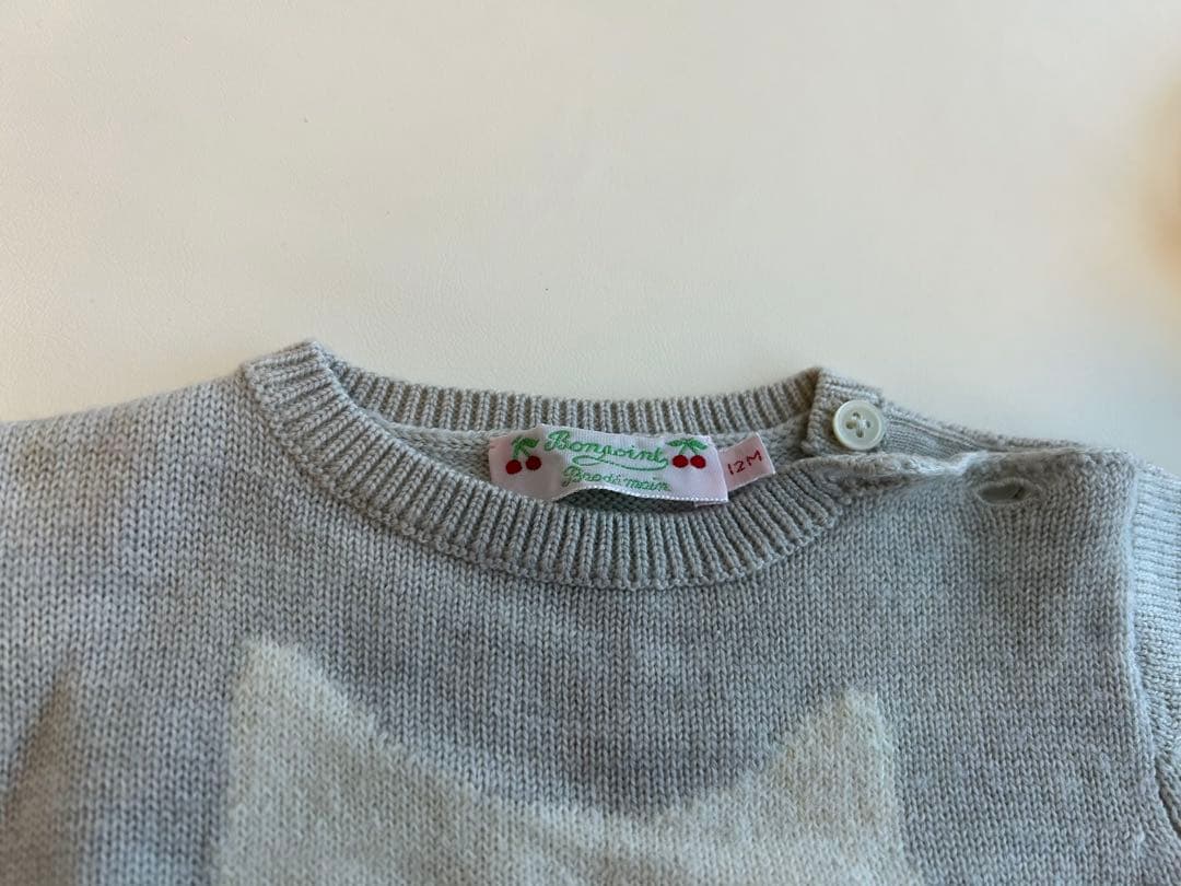 Bonpoint グレー 猫刺繍 セーターロンパース