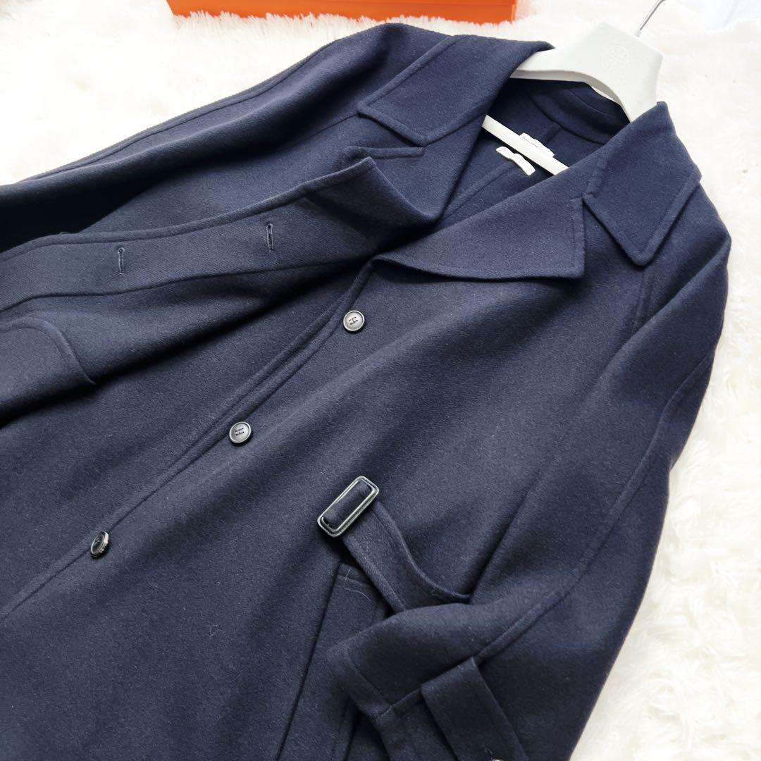 極美品　HERMESエルメス　ネイビー　ベルト　カシミヤ　ダブルフェイス　コート