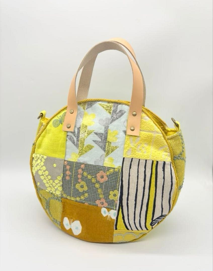 ミナペルホネン、ハンドメイド、 イエローパッチワーク、サークル トートバッグ