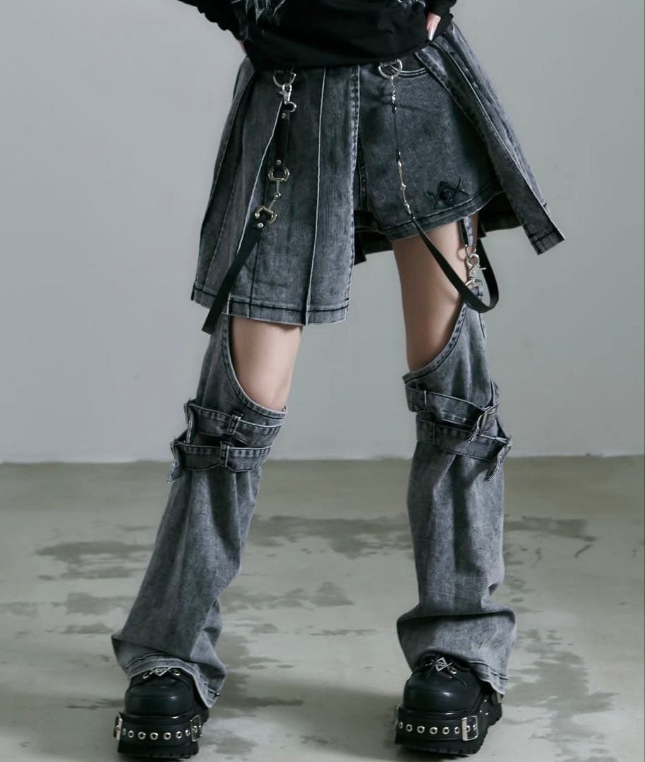 REFLEM レフレム レッグカバー付きレイヤードデニムショーパン グレー