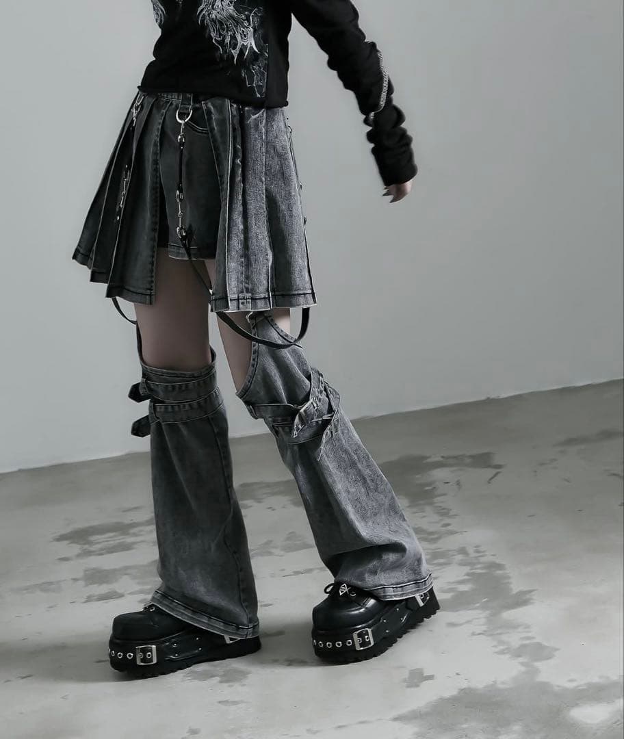 REFLEM レフレム レッグカバー付きレイヤードデニムショーパン グレー