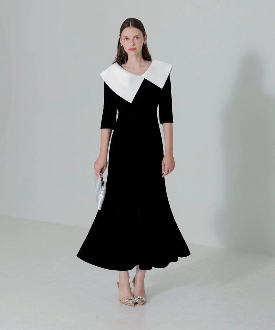 Leja アシンメトリービッグカラーベロアマーメイドワンピースドレス