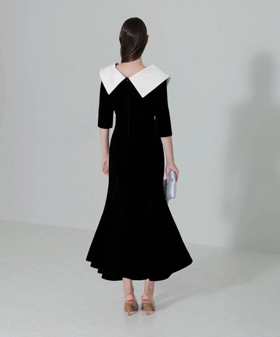 Leja アシンメトリービッグカラーベロアマーメイドワンピースドレス