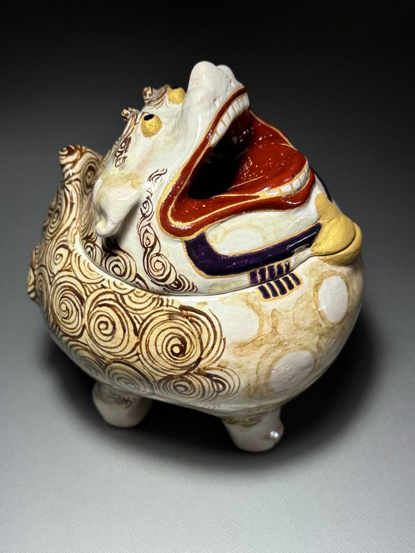 乾山　獅子　香炉　山崎窯　浅野紫仙　作　共箱　黄布　茶道具