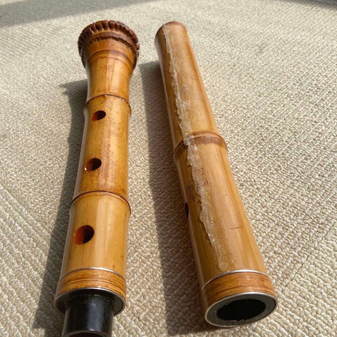 尺八本体 竹製 206 一尺八寸管　唄口金巻き　精華銘四印　ジャンク品