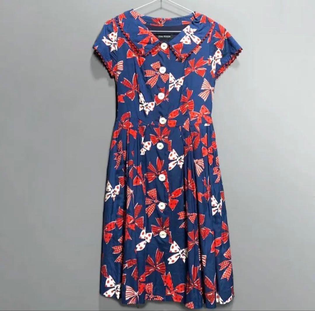 ジェーンマープル　リボン柄半袖ワンピース ネイビー