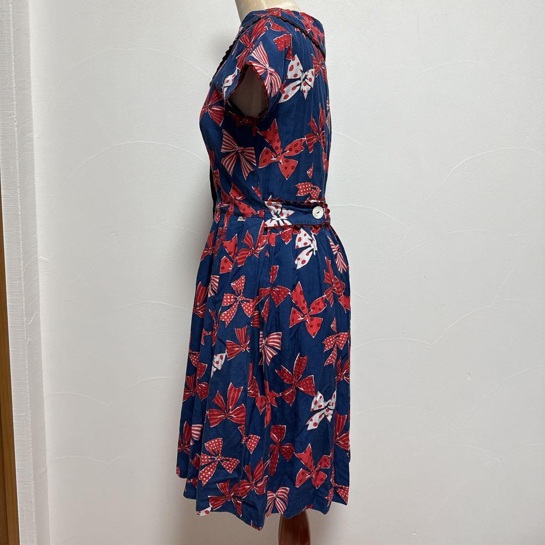 ジェーンマープル　リボン柄半袖ワンピース ネイビー