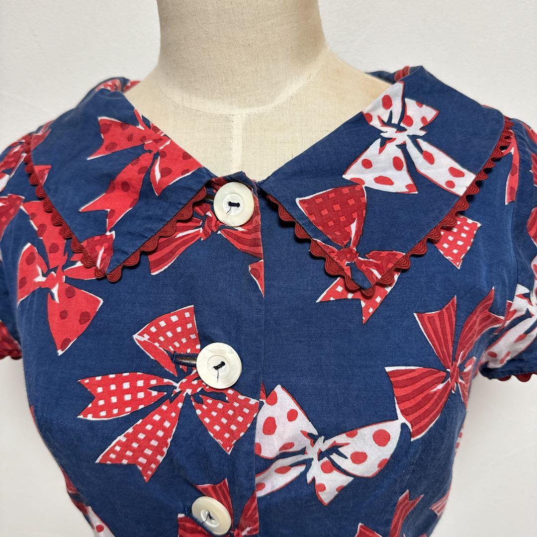 ジェーンマープル　リボン柄半袖ワンピース ネイビー