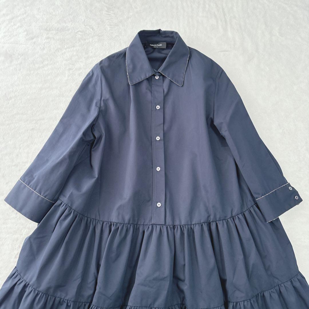 【美品】ファビアナフィリッピ　ワンピース　フリル　Aライン　ボタンダウン　紺色