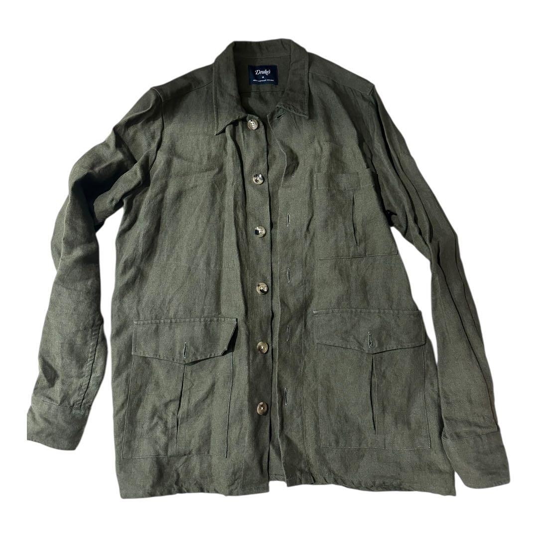 Drakes Linen オリーブ リネンオーバーシャツ