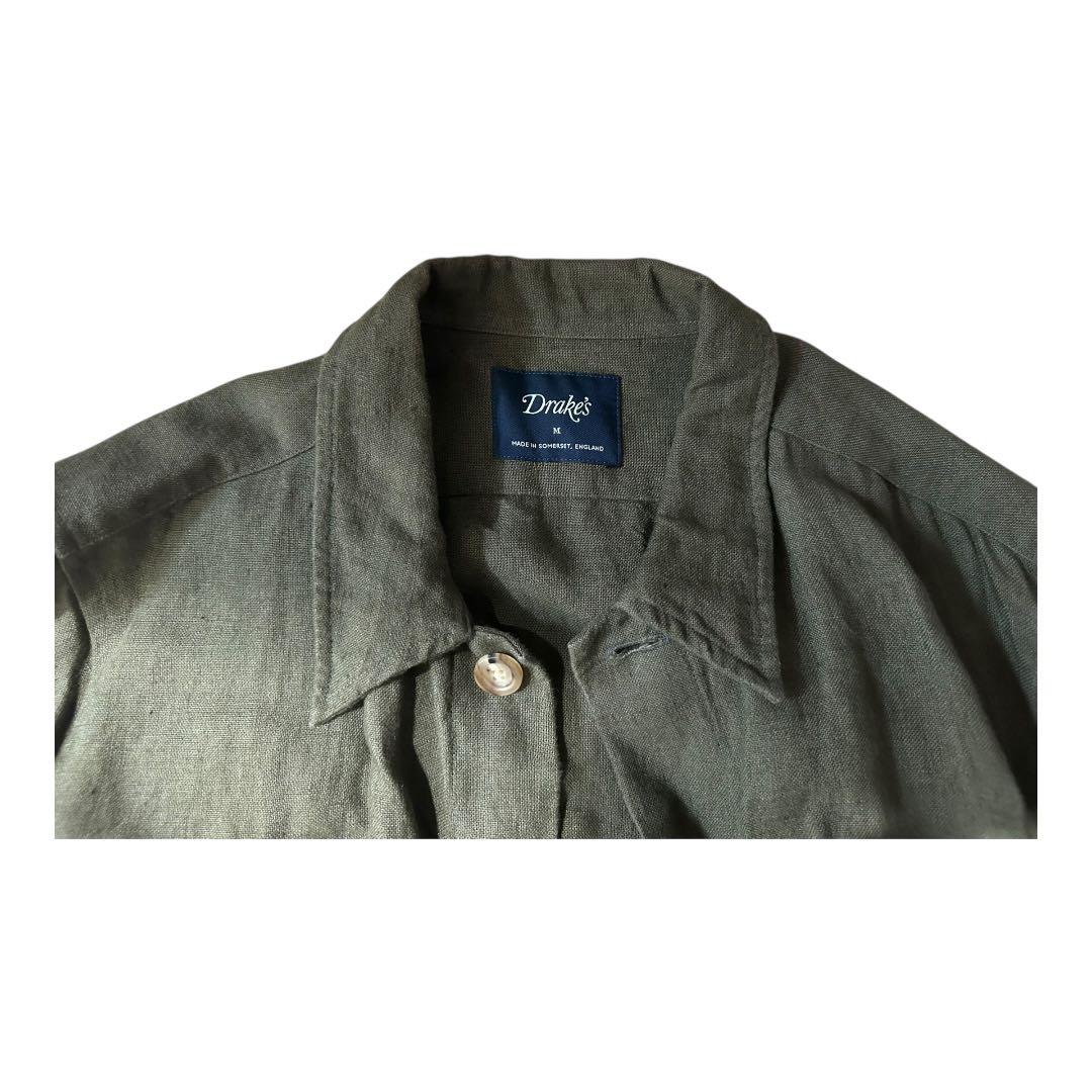 Drakes Linen オリーブ リネンオーバーシャツ