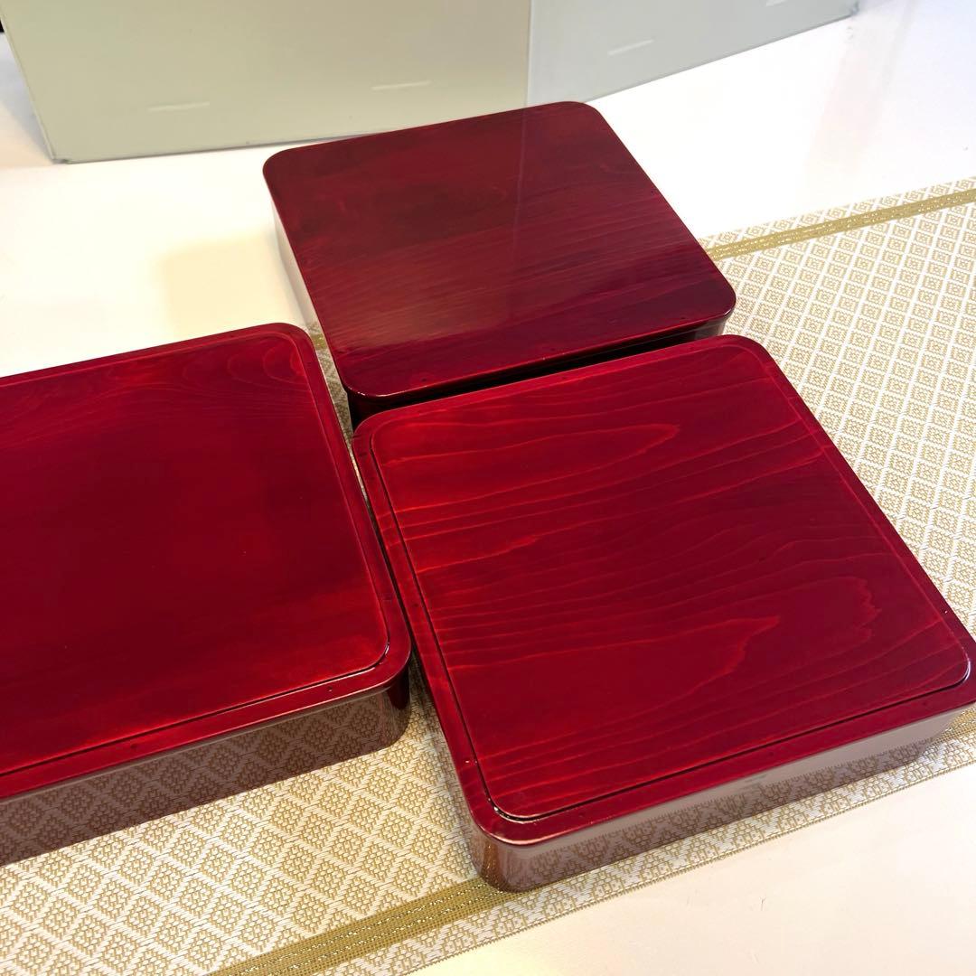 【未使用品】飛騨春慶塗紅　三段重箱　6寸　曲木三段重箱　天然木