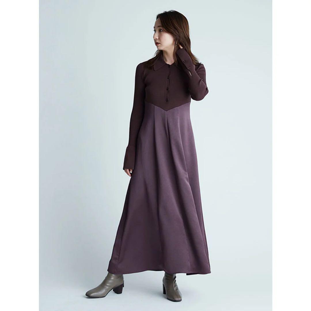 ポロカラーニットコンビワンピ