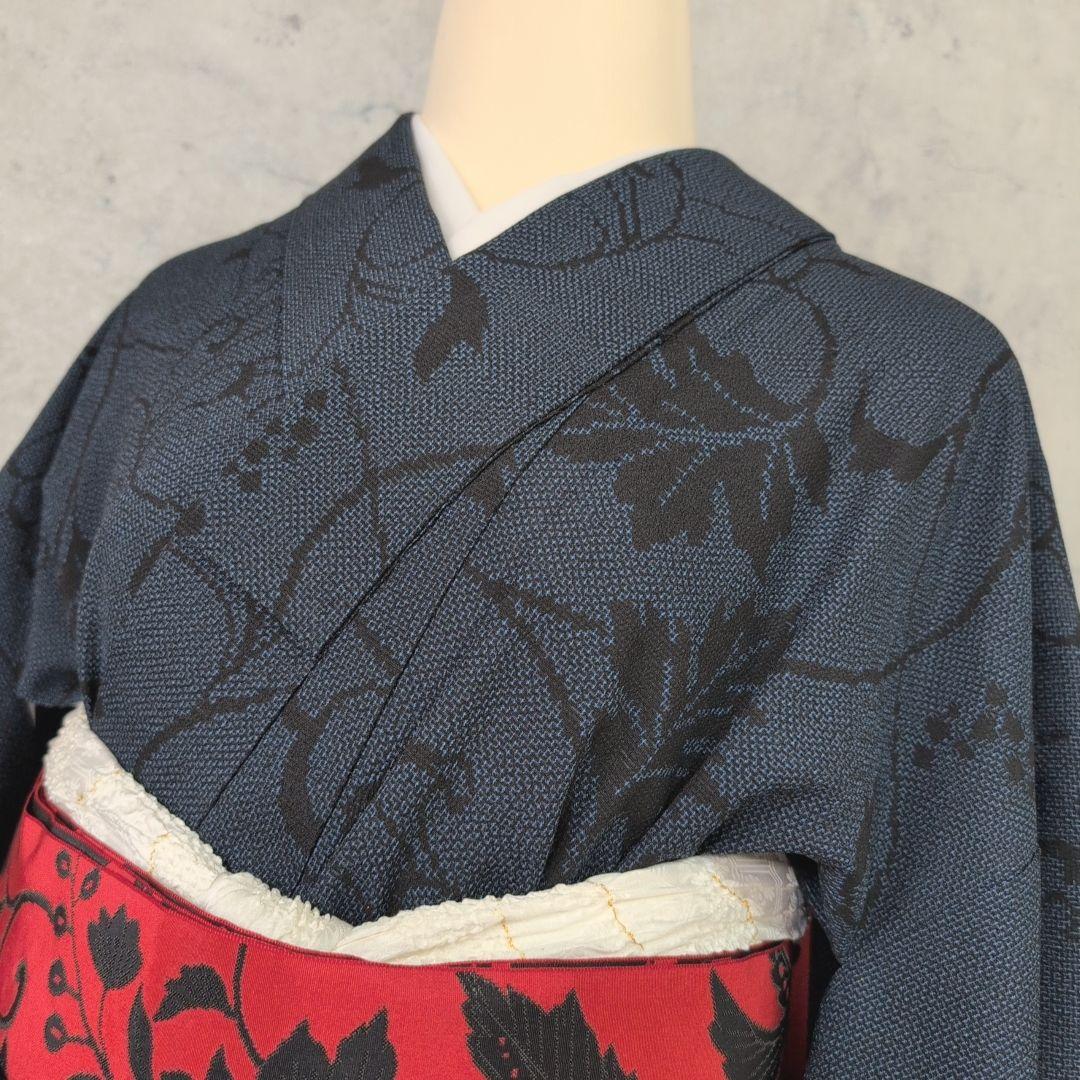 小紋　フルセット　着物　正絹　紺青　群青　ぶどう　蔦　おしゃれ　粋　F2