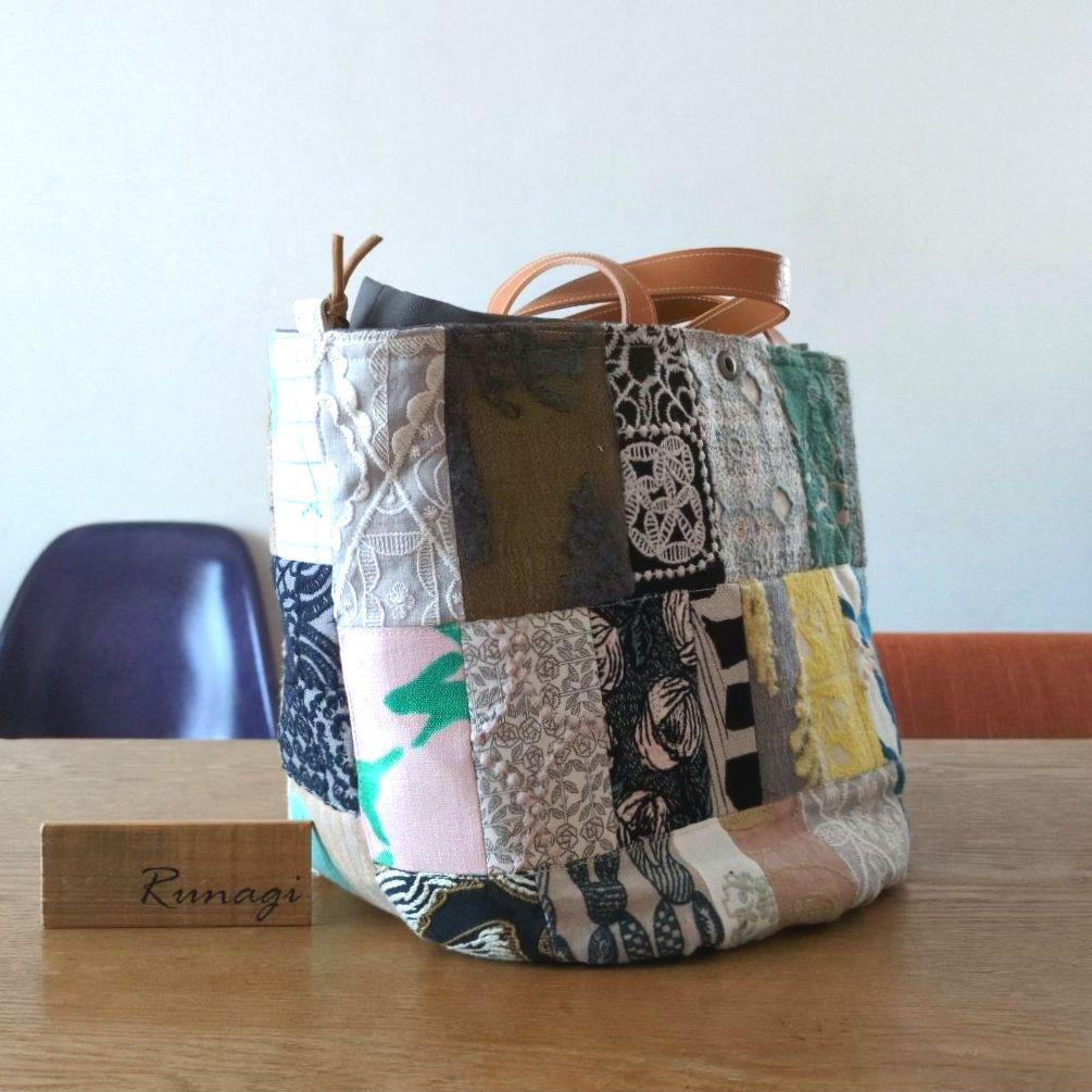 モザイクパッチの巾着付きバケツバッグ＊ミナペルホネン