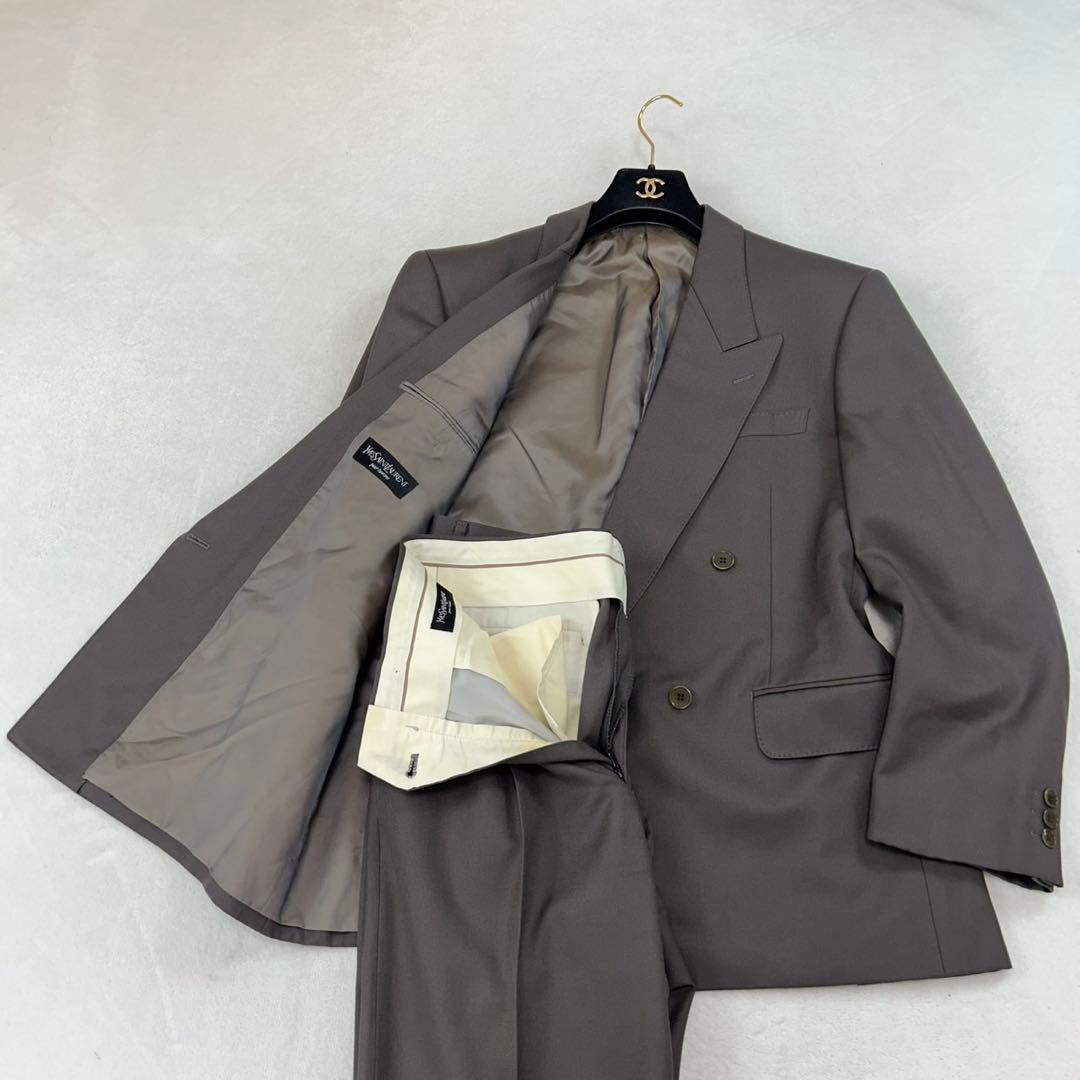 K608 M イヴサンローラン ツータック ダブル スーツ上下 ブラウン メンズ