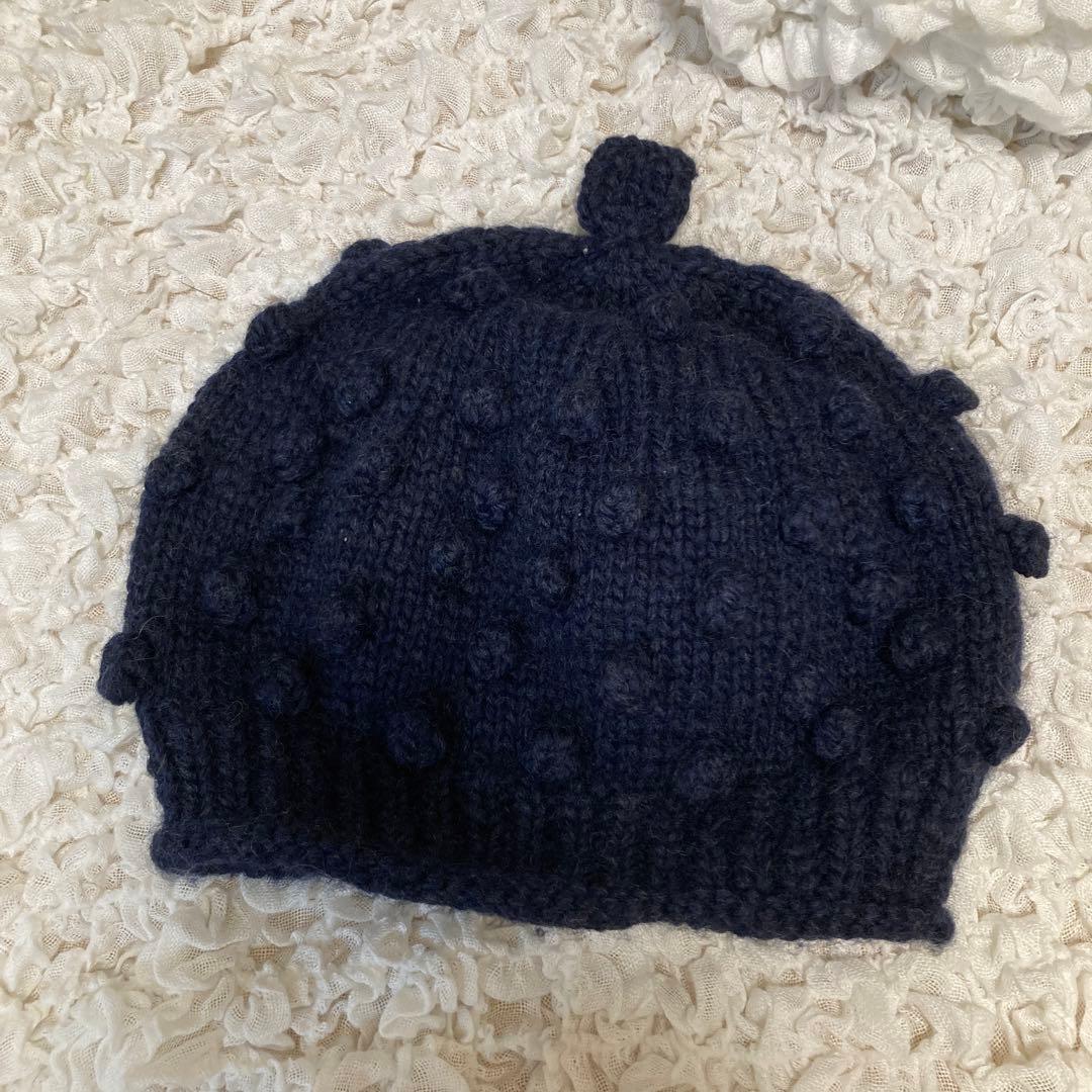 美品　キャピタル KAPITAL ポンポン付きニット帽　ネイビー　ハンドメイド