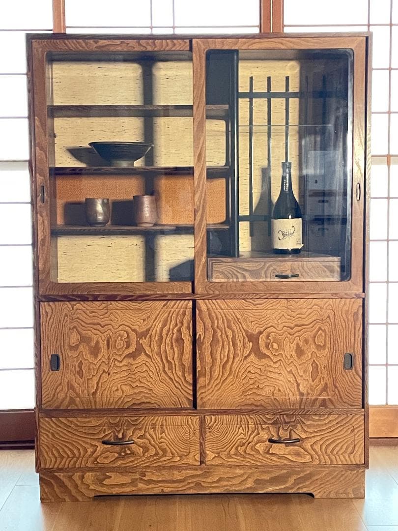 【昭和レトロ】 木製食器棚｜幅88cm｜ガラス引き戸付き｜飾り棚／収納棚｜天然木