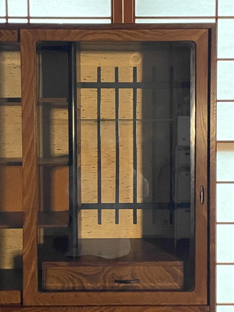 【昭和レトロ】 木製食器棚｜幅88cm｜ガラス引き戸付き｜飾り棚／収納棚｜天然木