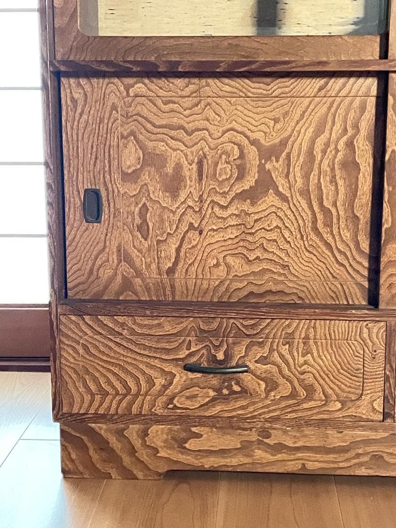 【昭和レトロ】 木製食器棚｜幅88cm｜ガラス引き戸付き｜飾り棚／収納棚｜天然木