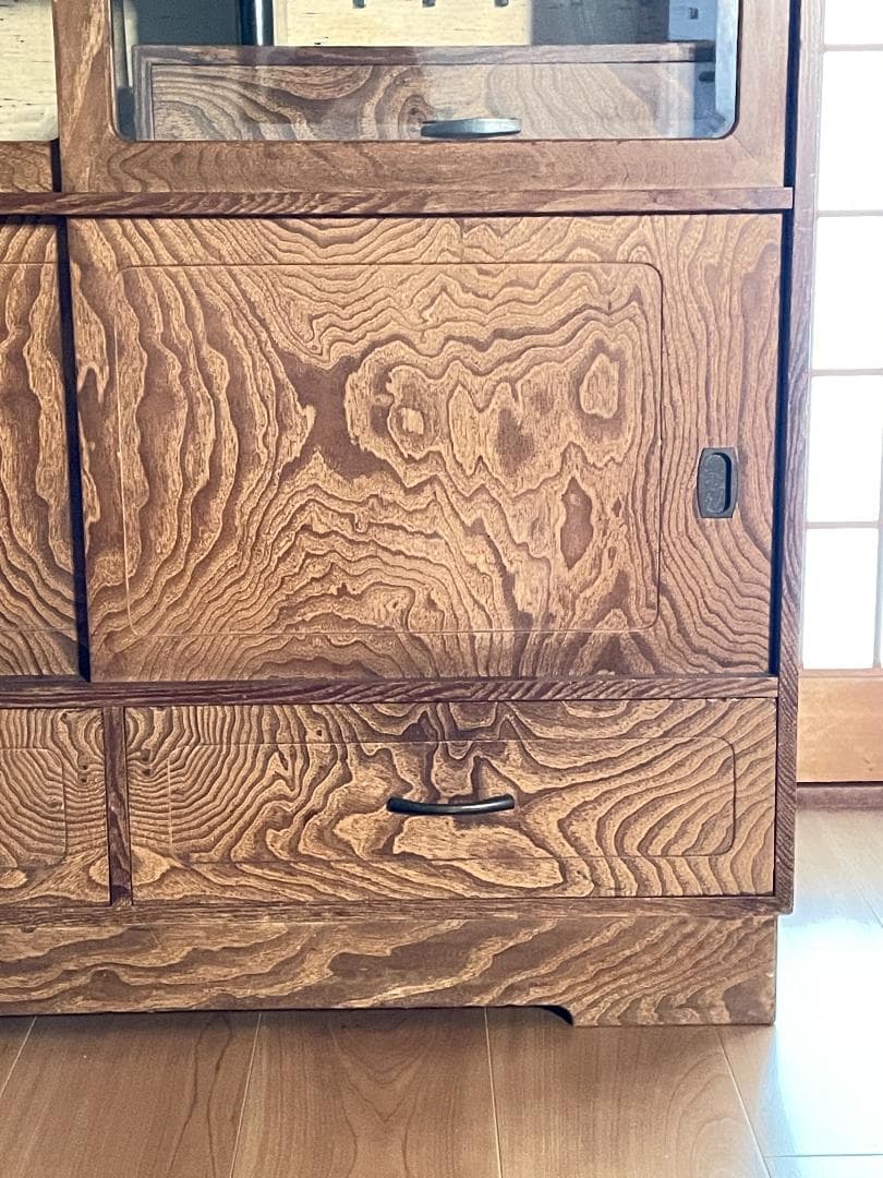 【昭和レトロ】 木製食器棚｜幅88cm｜ガラス引き戸付き｜飾り棚／収納棚｜天然木