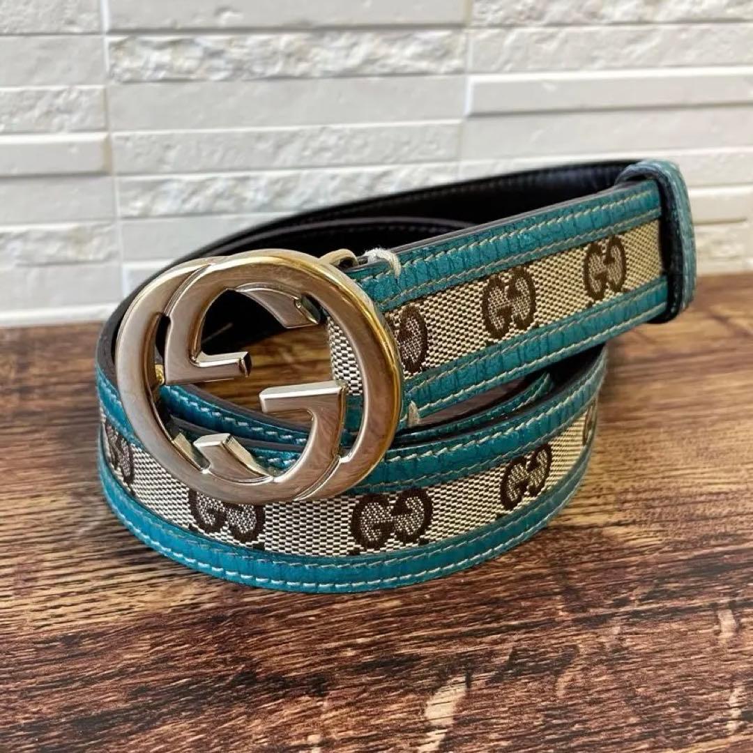 グッチ GG インターロッキング バックル キャンバス×レザー ベルト.