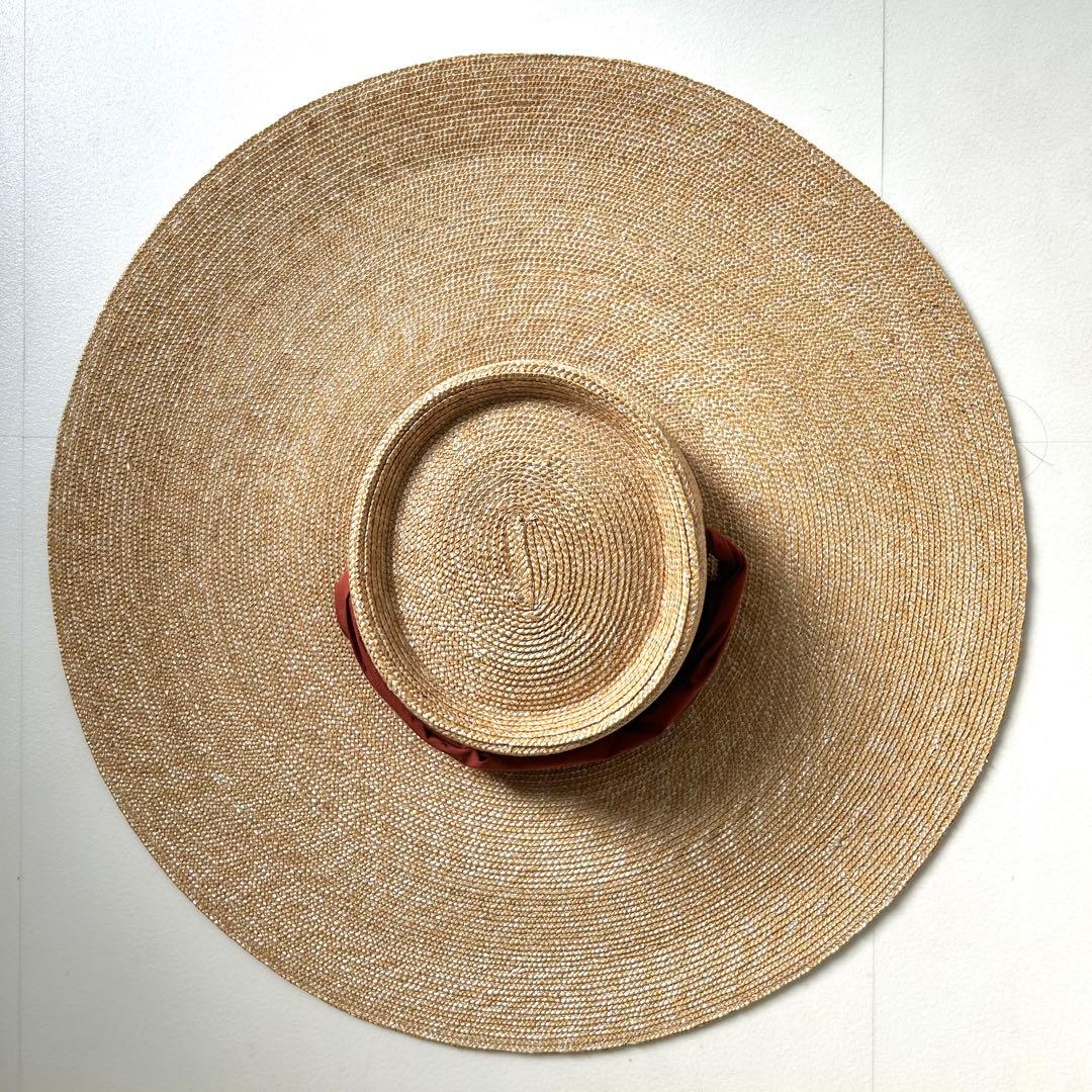 未使用　イタリア製　ストローハット　紫外線対策 スカーフリボン付　　麦わら帽子