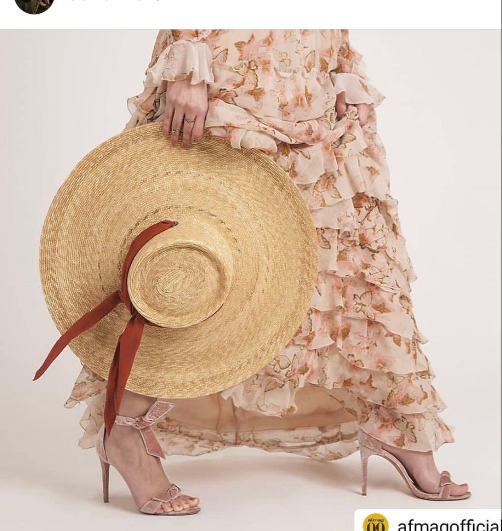 未使用　イタリア製　ストローハット　紫外線対策 スカーフリボン付　　麦わら帽子