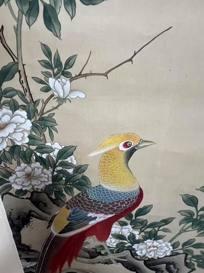 田中 野夫専用 水墨肉筆　錦鶏花葉太湖石図　南田沈銓 掛軸 中国美術(Y-12)