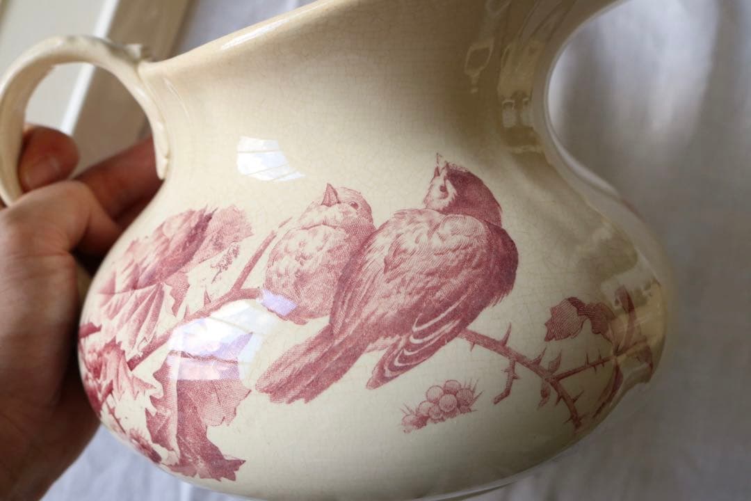 水差し　ピッチャー　ソープディッシュ　セット　小鳥　フランス　アンティーク　赤