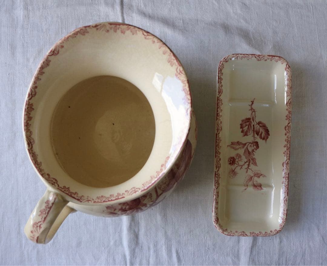 水差し　ピッチャー　ソープディッシュ　セット　小鳥　フランス　アンティーク　赤