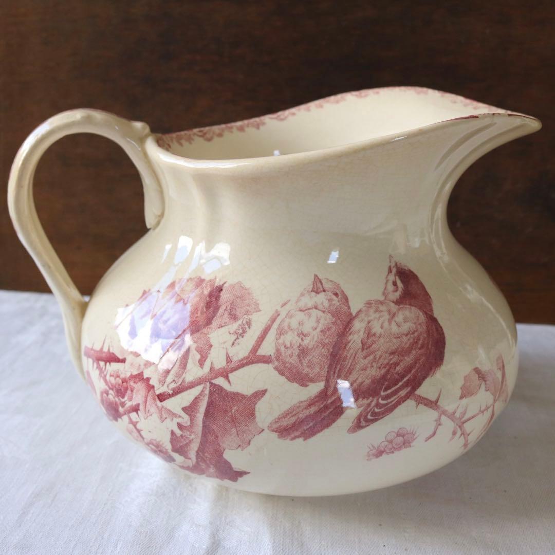 水差し　ピッチャー　ソープディッシュ　セット　小鳥　フランス　アンティーク　赤