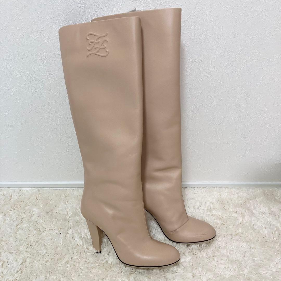 FENDI フェンディ FFカーリグラフィー ロングブーツ レザー Pベージュ