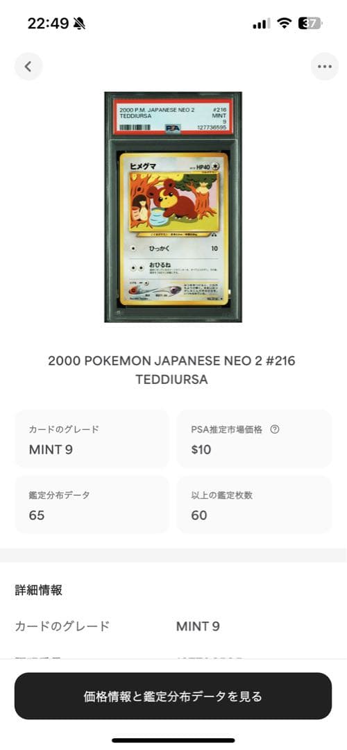 世界65枚 PSA9 ヒメグマ 旧裏 2000 216 33