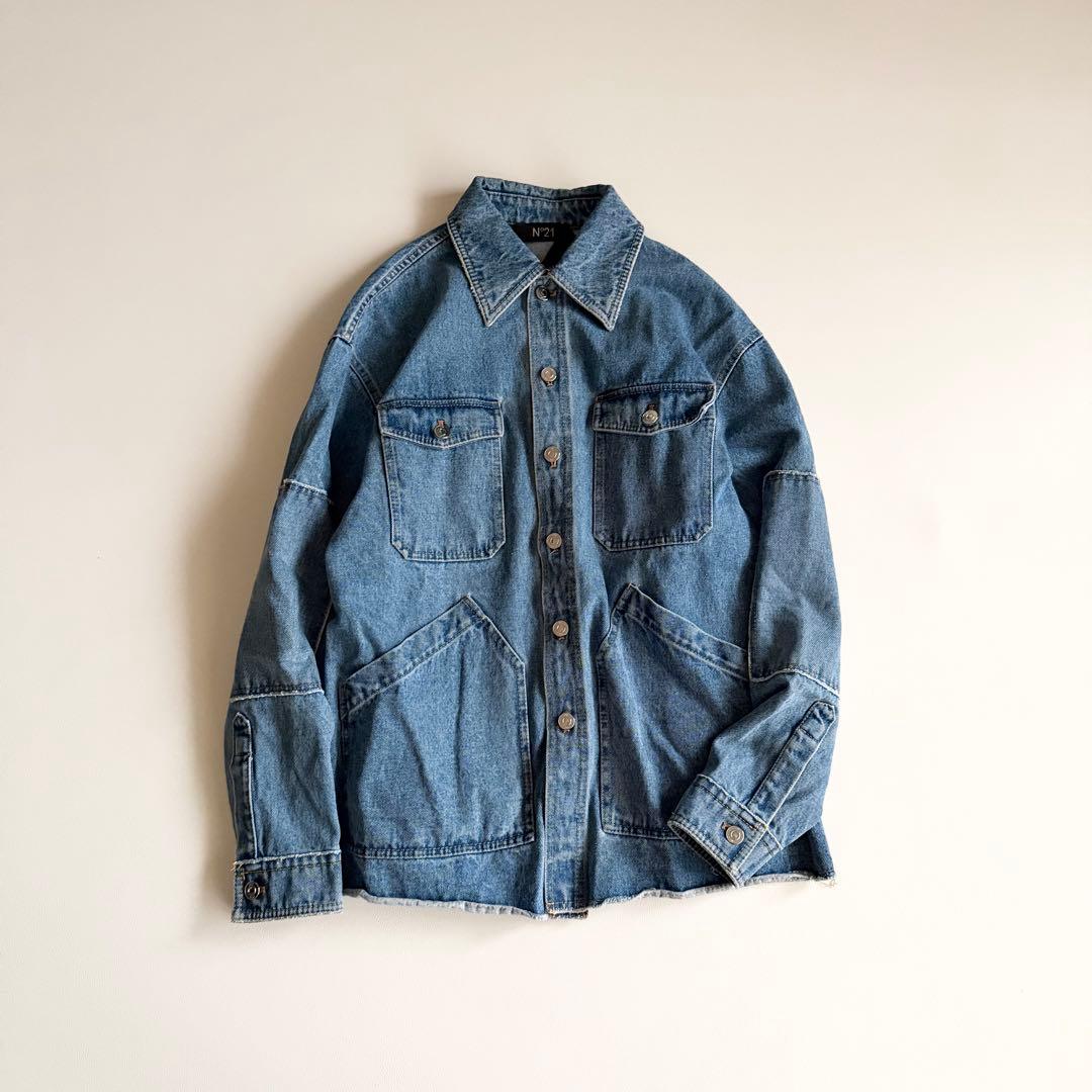 23SS 【ヌメロヴェントゥーノ】 オーバーデニムジャケット 銀ボタン 革パッチ